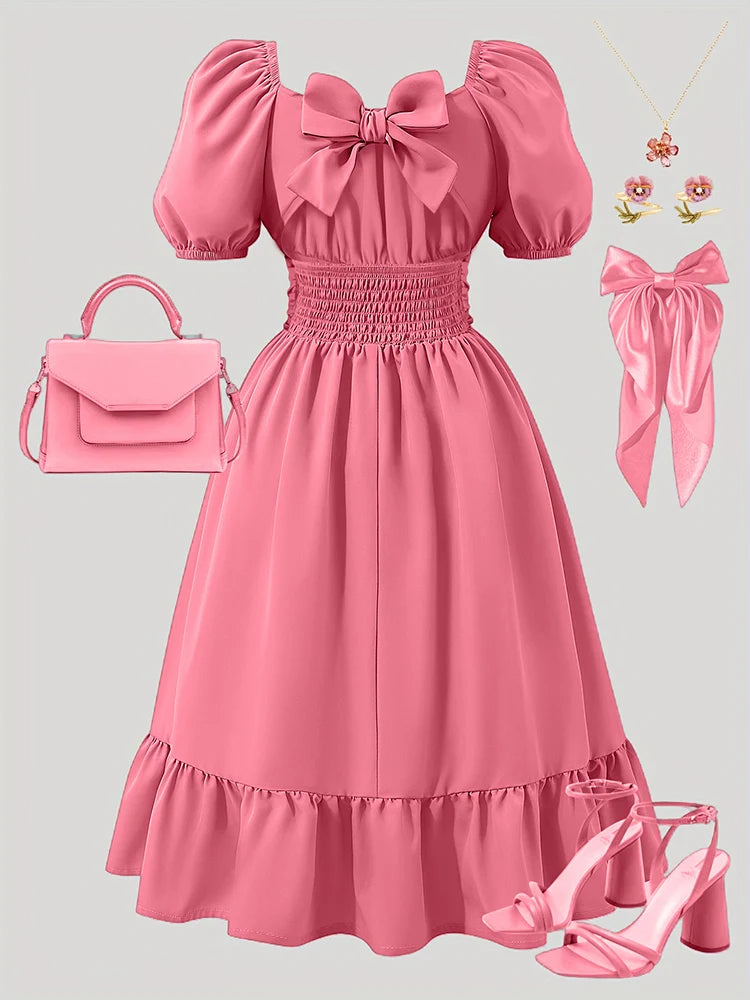 Robe Fille Épaules Dénudées & Manches Lanternes – Nœud Décoratif | Rose | 8-12 Ans