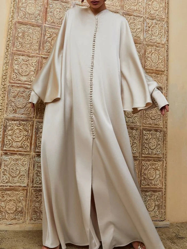 Robe Longue Femme en Satin – Manches Chauve-Souris, Fente & Col Rond Élégant