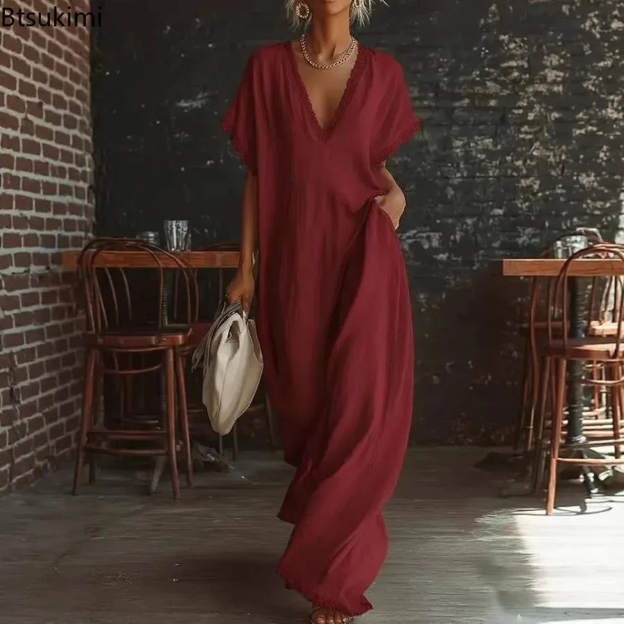 Robe Longue Femme en Dentelle – Col V, Manches Courtes, Style Vacances Élégant