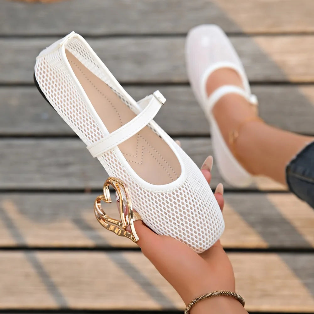 Chaussures Mary Jane Plates Mesh Ajouré – Bout Carré & Boucle | Blanc & Noir | 36-43