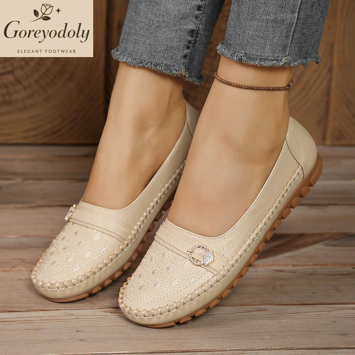 Mocassins Slip-On Femme – Brodés & Strass | Confortables & Large | 36-41