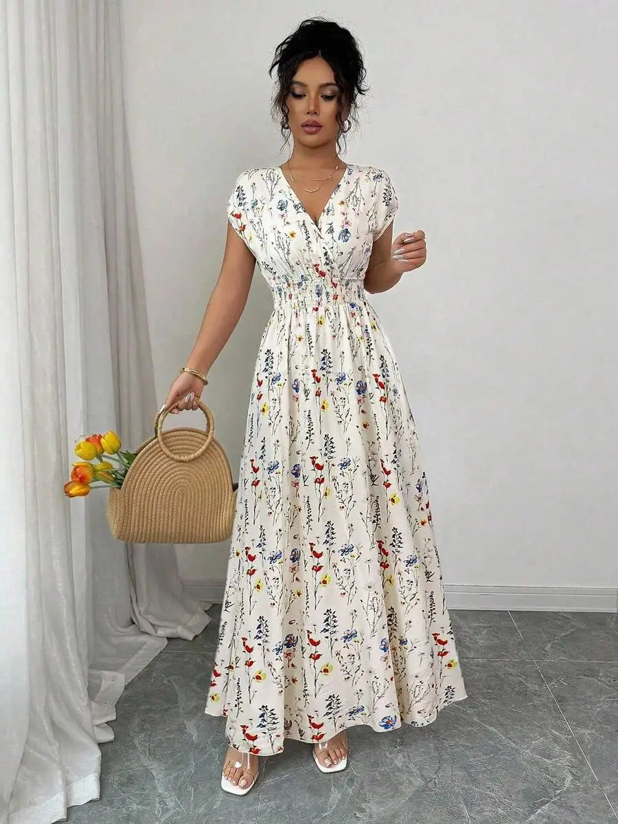 Robe Maxi Florale Col V – Sans Manches, Taille Markée | 3 Coloris | S-XL