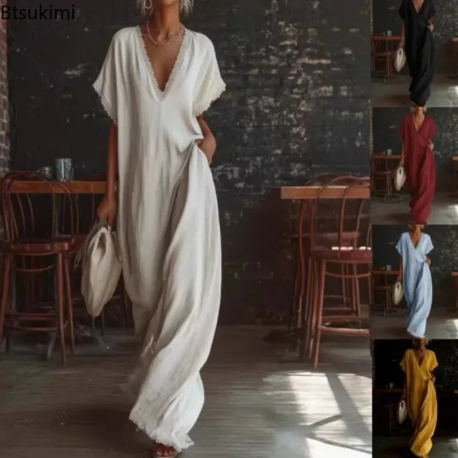 Robe Longue Femme en Dentelle – Col V, Manches Courtes, Style Vacances Élégant