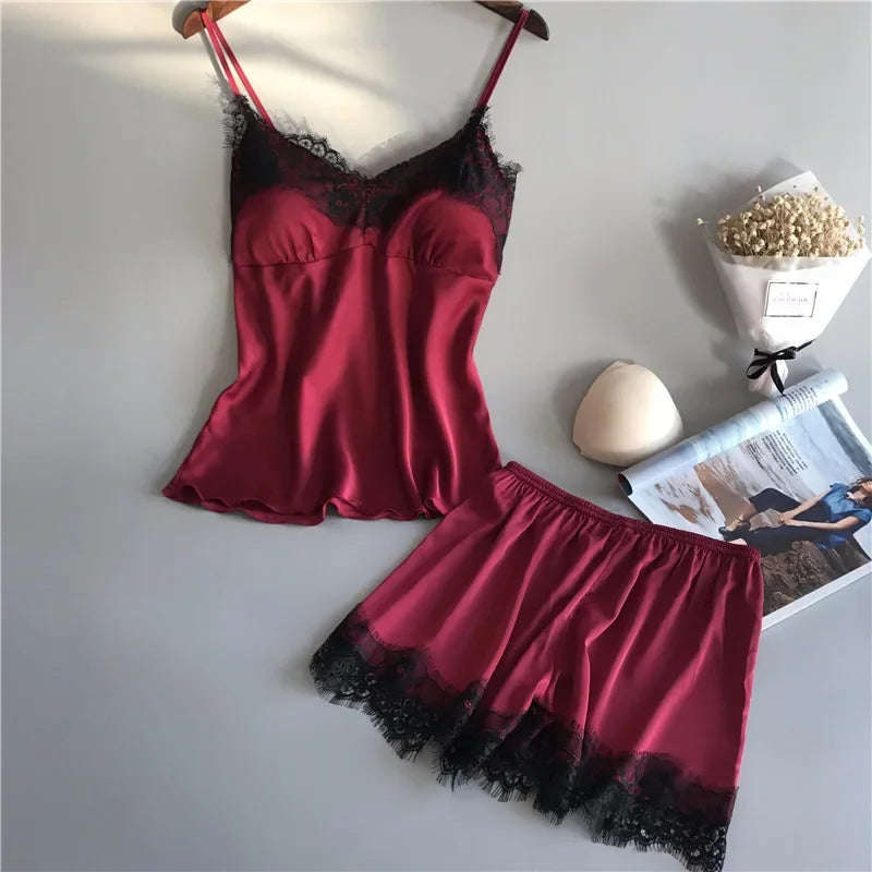 Ensemble Pyjama Satin & Dentelle 2 Pièces – Débardeur + Short | 4 Coloris | S-L