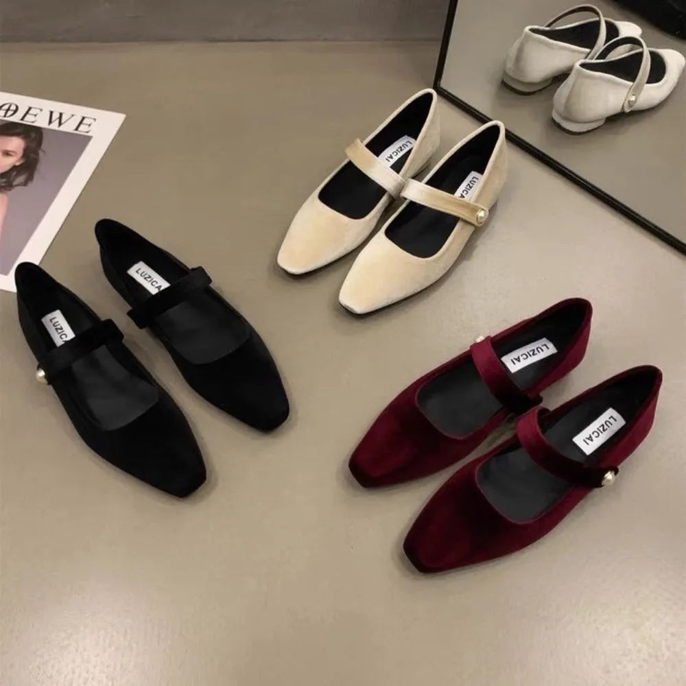 Ballerines Mary Jane Velours & Perle – Talon Bas Élégant | Bordeaux | 35-40