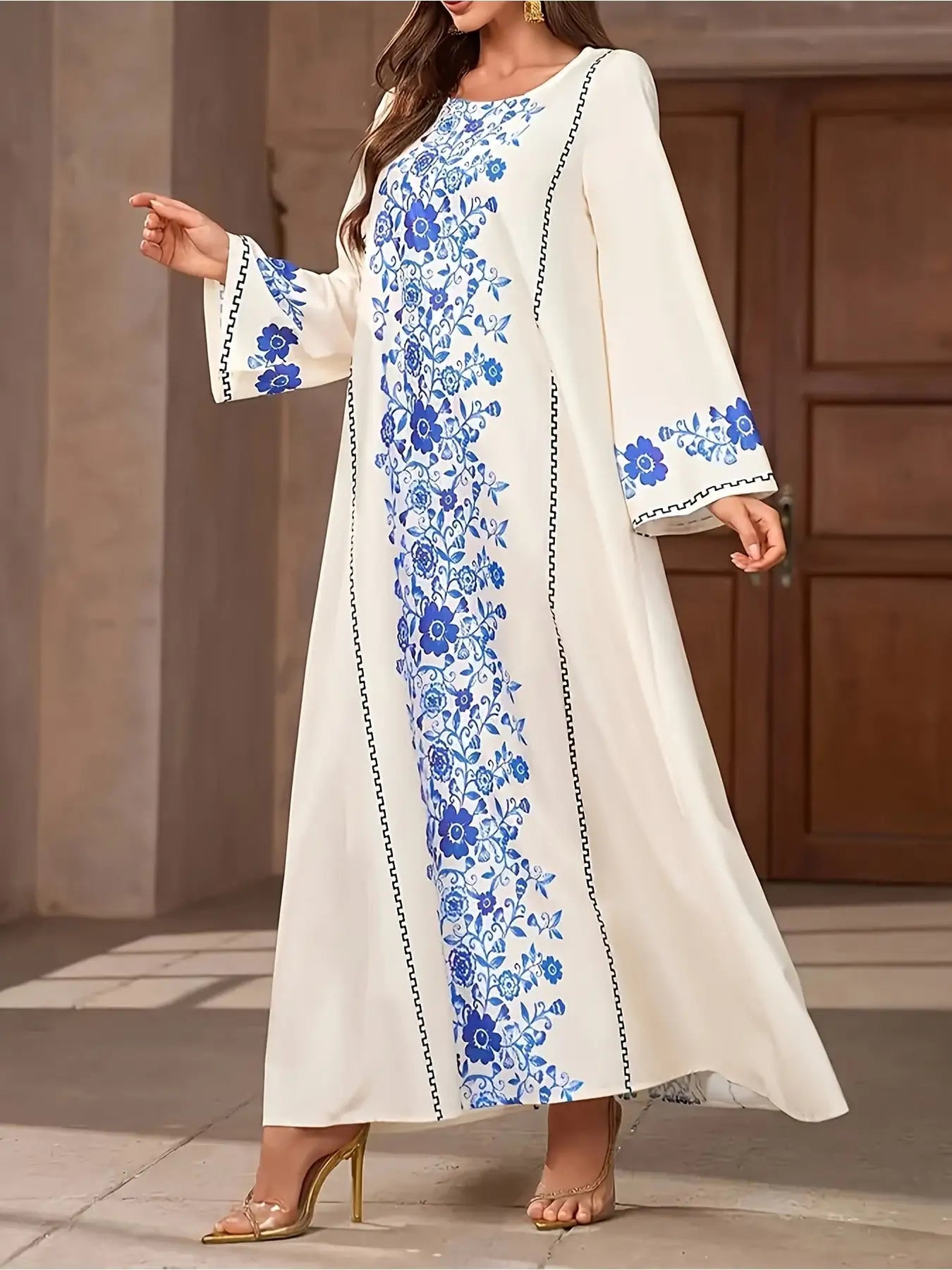 Robe Longue Florale Élégante – Coupe Ample & Manches Longues