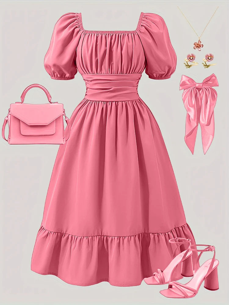 Robe Fille Épaules Dénudées & Manches Lanternes – Nœud Décoratif | Rose | 8-12 Ans