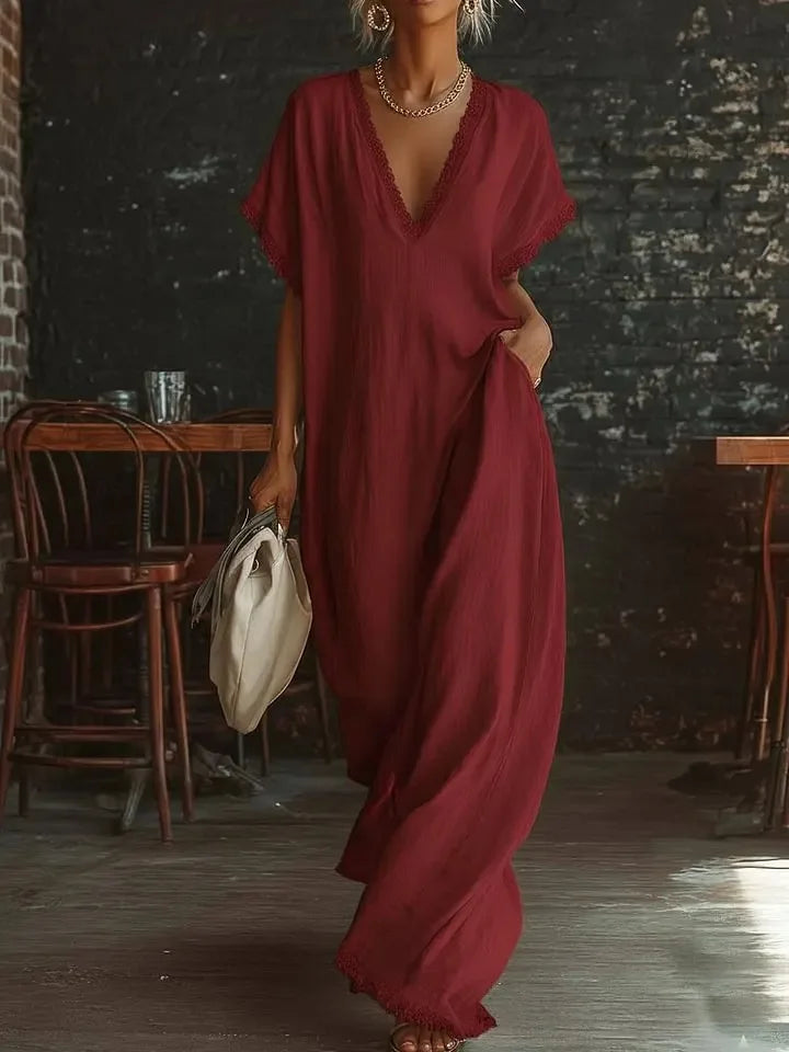 Robe Longue Femme en Dentelle – Col V, Manches Courtes, Style Vacances Élégant