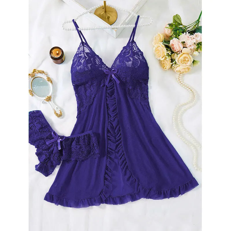 Ensemble Nuisette & Culotte Rose – Halter, Sans Manches | Col V | S-XL