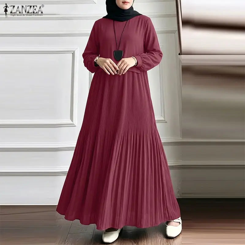 Robe Maxi Abaya Plissée Manches Longues – Style Modest Kaftan | Bordeaux, Vert, Marron | S-XXXL