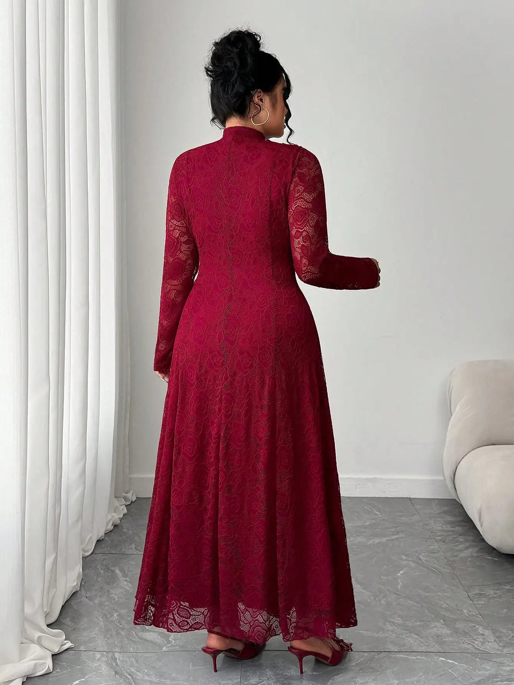Robe Maxi Dentelle Manches Longues – Col Haut, Jacquard Floral pour Mariage & Gala