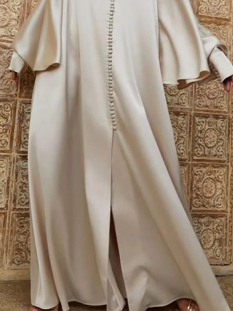 Robe Longue Femme en Satin – Manches Chauve-Souris, Fente & Col Rond Élégant