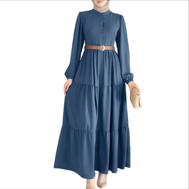 Robe Longue Abaya Manches Longues Col Rond – Style Élégant | Marron, Bleu Marine, Noir | S-XXXL
