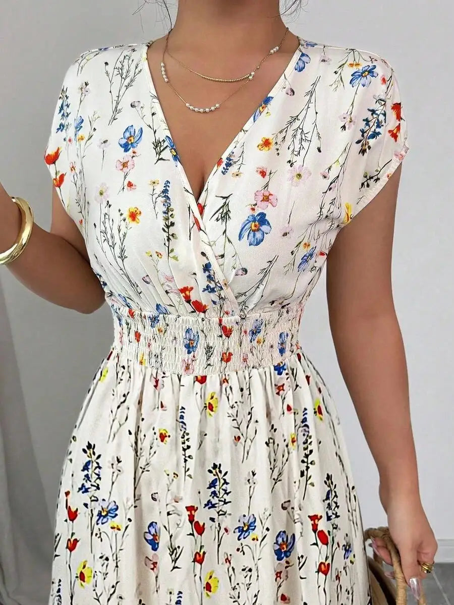 Robe Maxi Florale Col V – Sans Manches, Taille Markée | 3 Coloris | S-XL