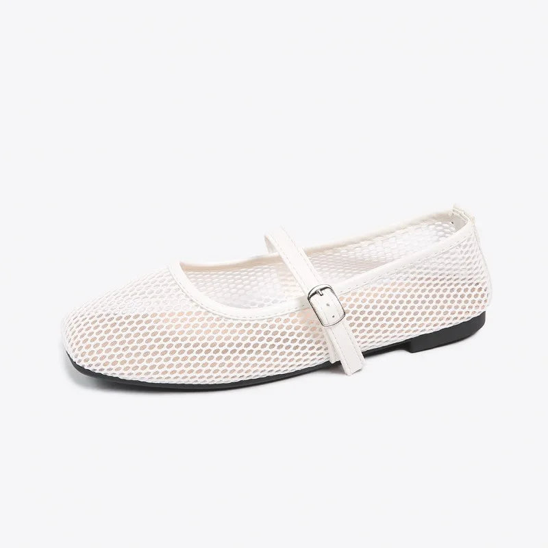 Chaussures Mary Jane Plates Mesh Ajouré – Bout Carré & Boucle | Blanc & Noir | 36-43