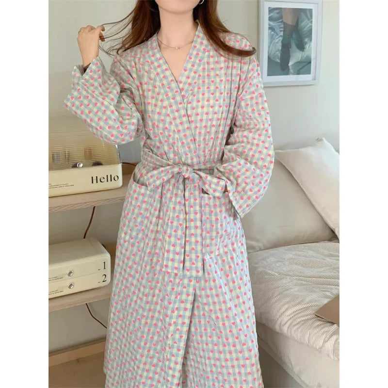 Peignoir Kimono Femme à Carreaux – Long, Dentelle & Col V Sexy