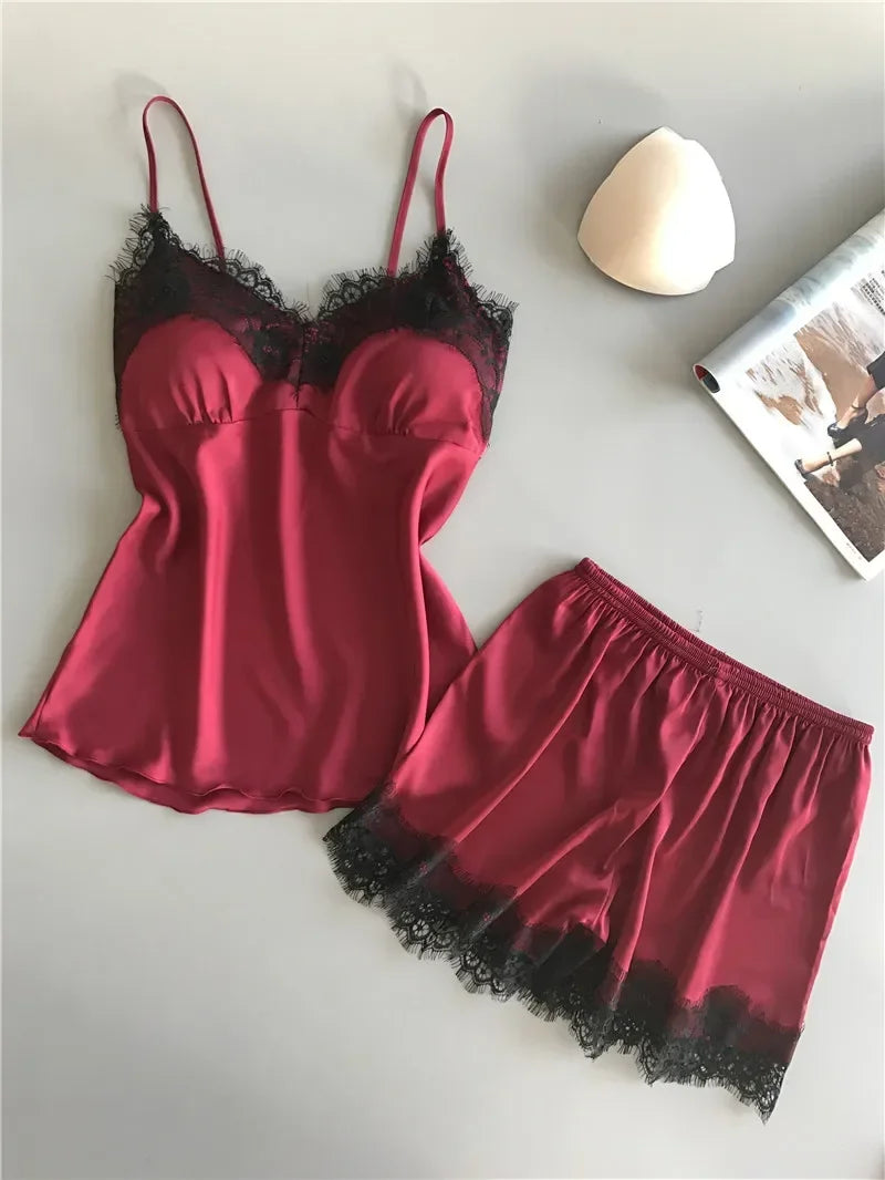 Ensemble Pyjama Satin & Dentelle 2 Pièces – Débardeur + Short | 4 Coloris | S-L