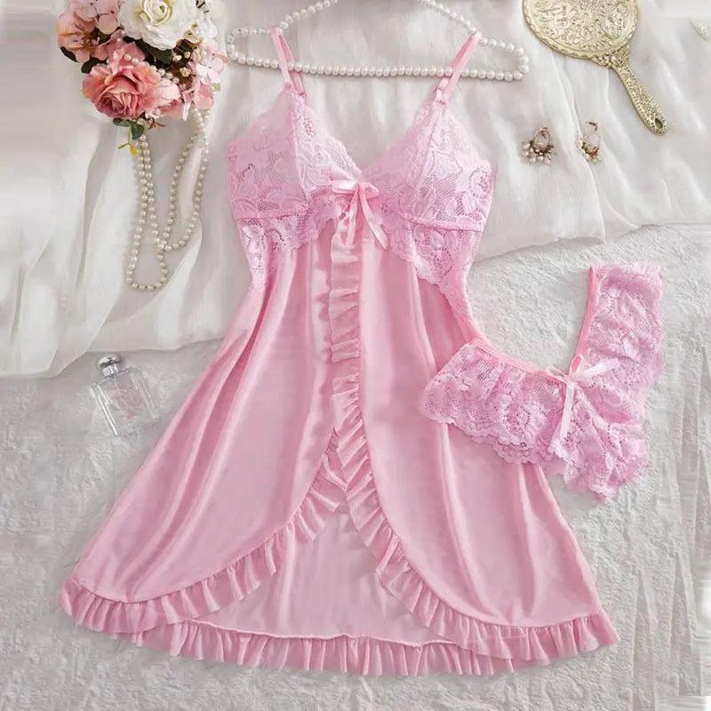 Ensemble Nuisette & Culotte Rose – Halter Sans Manches | Col V