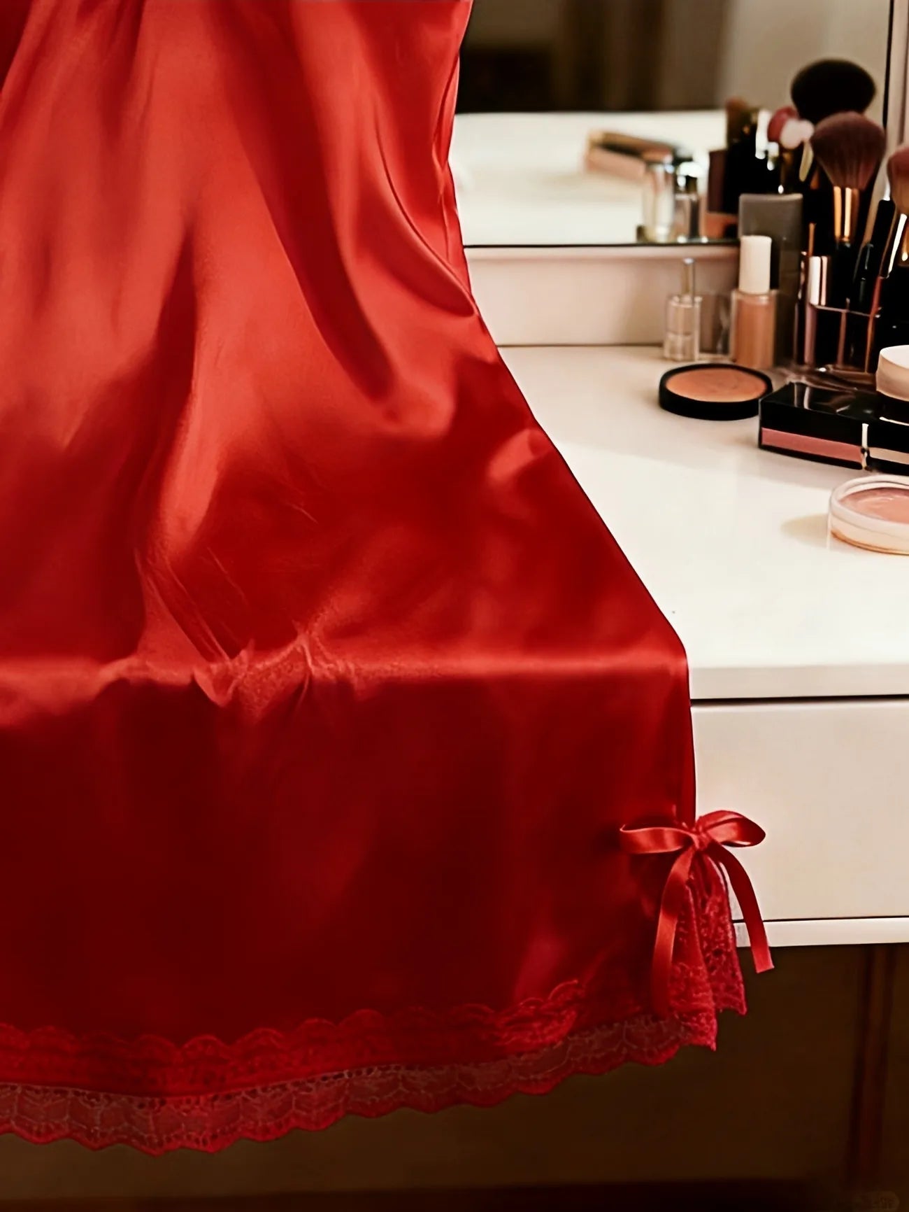 Nuisette Satin Multicolore – Bretelles Fines, Dentelle & Nœud Romantique