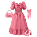 Robe Fille Épaules Dénudées & Manches Lanternes – Nœud Décoratif | Rose | 8-12 Ans