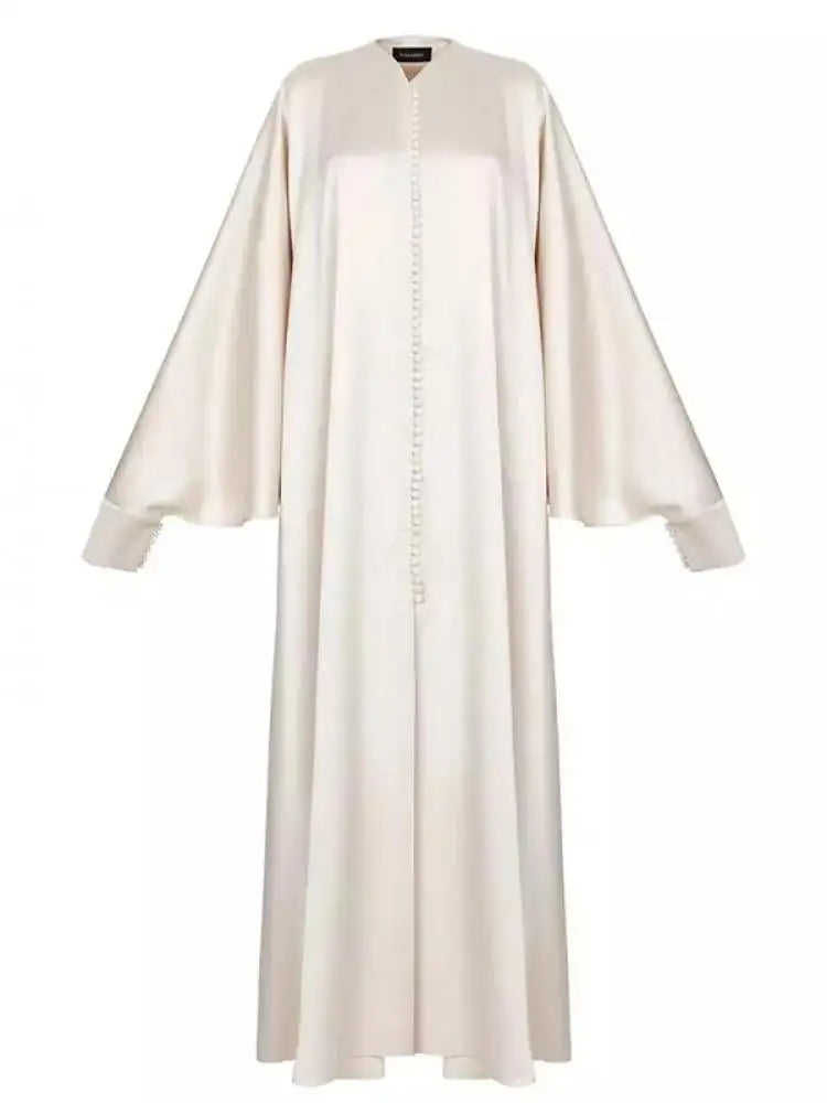 Robe Longue Femme en Satin – Manches Chauve-Souris, Fente & Col Rond Élégant