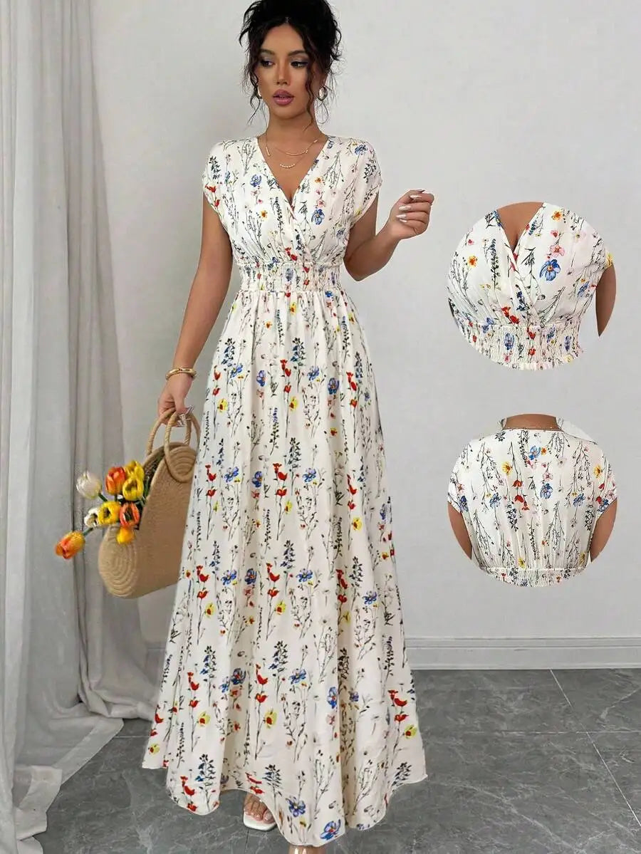 Robe Maxi Florale Col V – Sans Manches, Taille Markée | 3 Coloris | S-XL