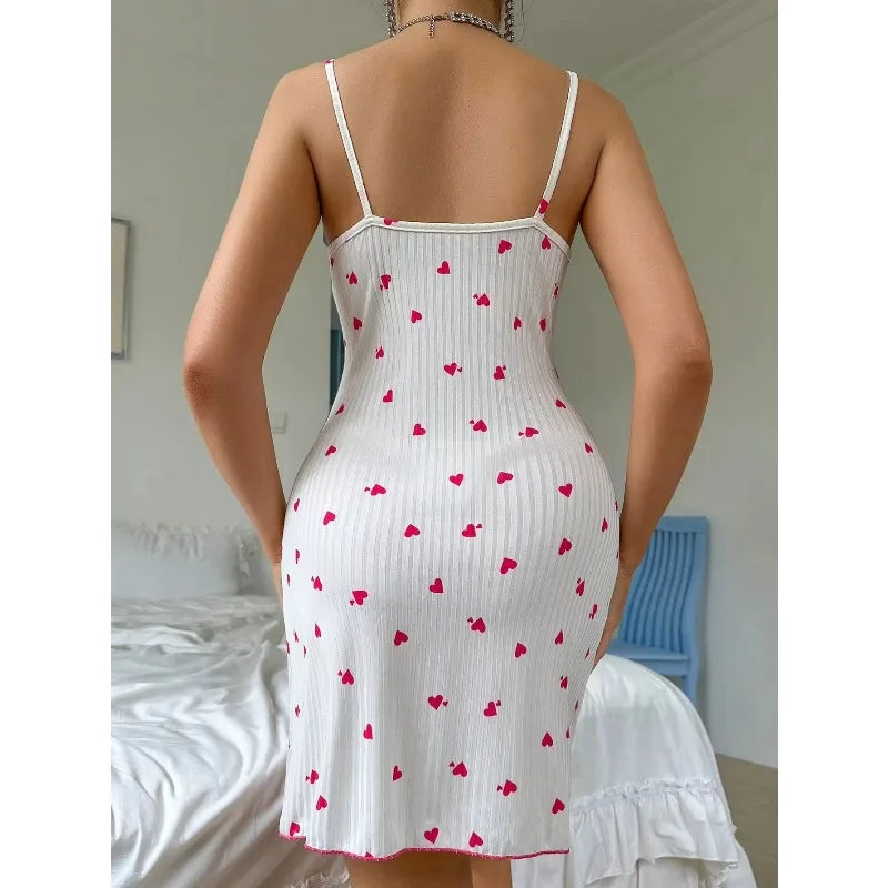 Nuisette Camisole Dentelle & Imprimé Cœur – Nœud Décoratif | Sans Manches | S-XL