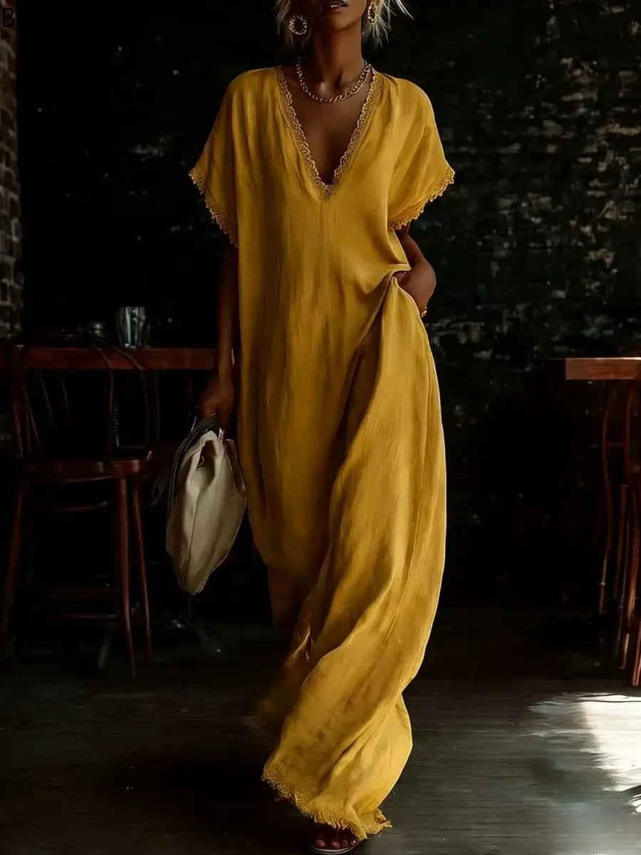 Robe Longue Femme en Dentelle – Col V, Manches Courtes, Style Vacances Élégant