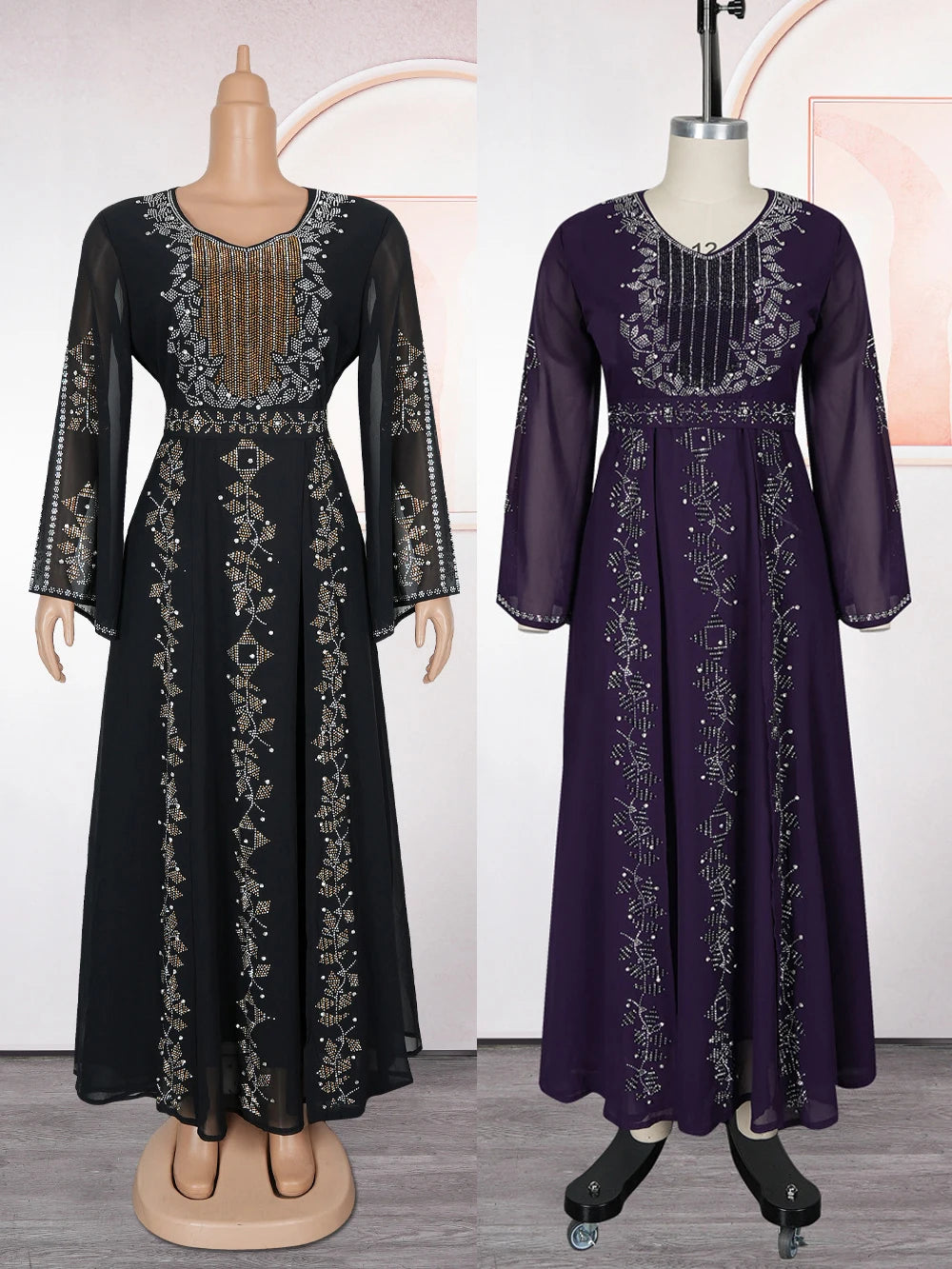 Robe de Soirée Chiffon Manches Papillon – Ornements Diamants, Style Dubai & Orient