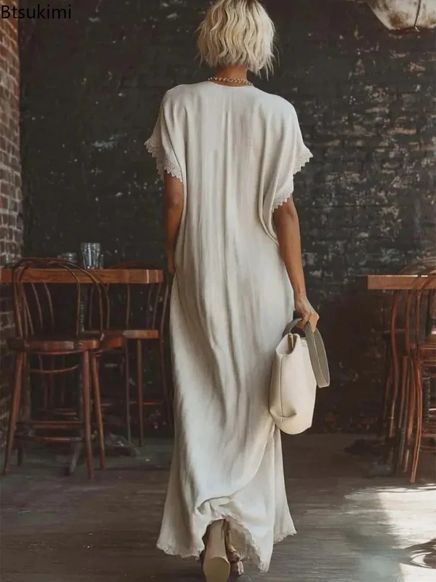 Robe Longue Femme en Dentelle – Col V, Manches Courtes, Style Vacances Élégant