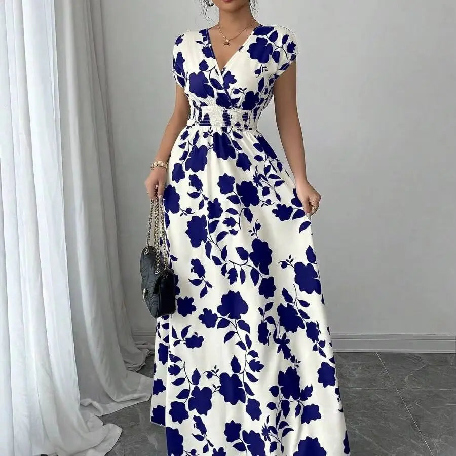 Robe Maxi Florale Col V – Sans Manches, Taille Markée | 3 Coloris | S-XL