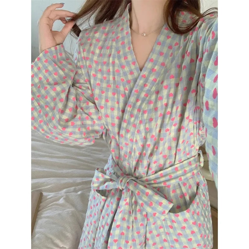 Peignoir Kimono Femme à Carreaux – Long, Dentelle & Col V Sexy