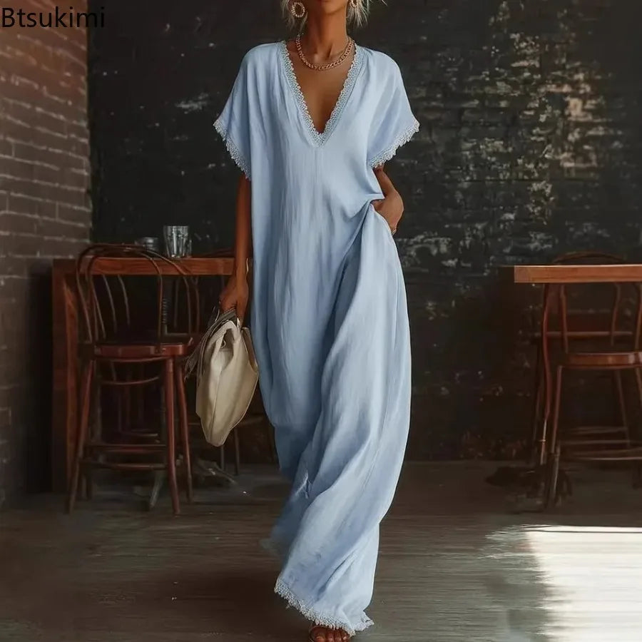 Robe Longue Femme en Dentelle – Col V, Manches Courtes, Style Vacances Élégant