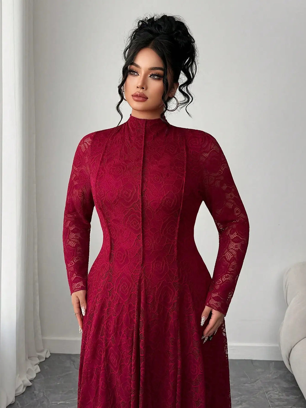 Robe Maxi Dentelle Manches Longues – Col Haut, Jacquard Floral pour Mariage & Gala