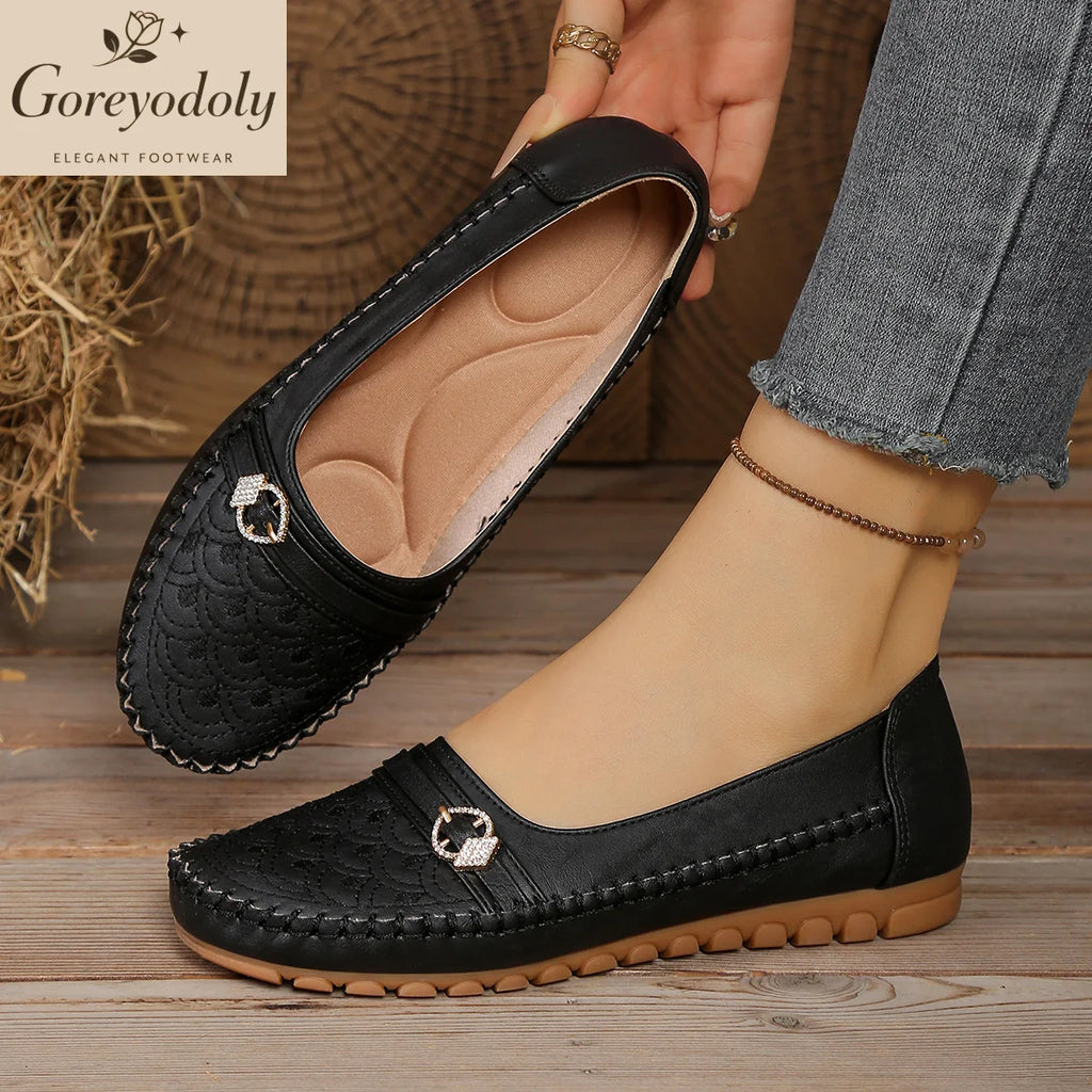Mocassins Slip-On Femme – Brodés & Strass | Confortables & Large | 36-41