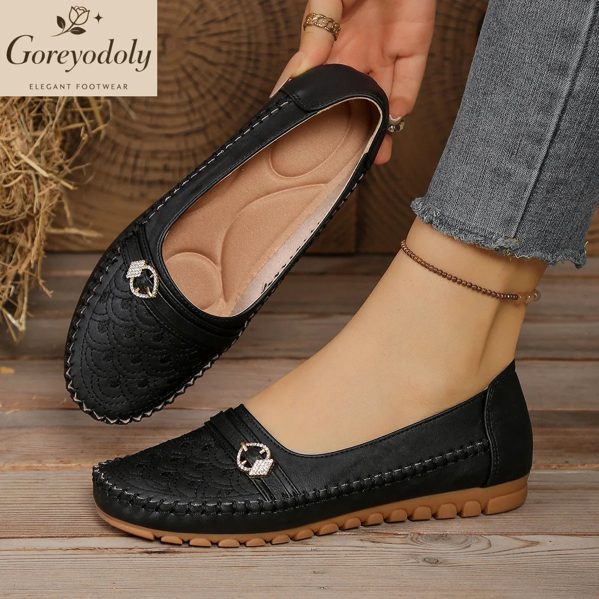 Mocassins Slip-On Femme – Brodés & Strass | Confortables & Large | 36-41