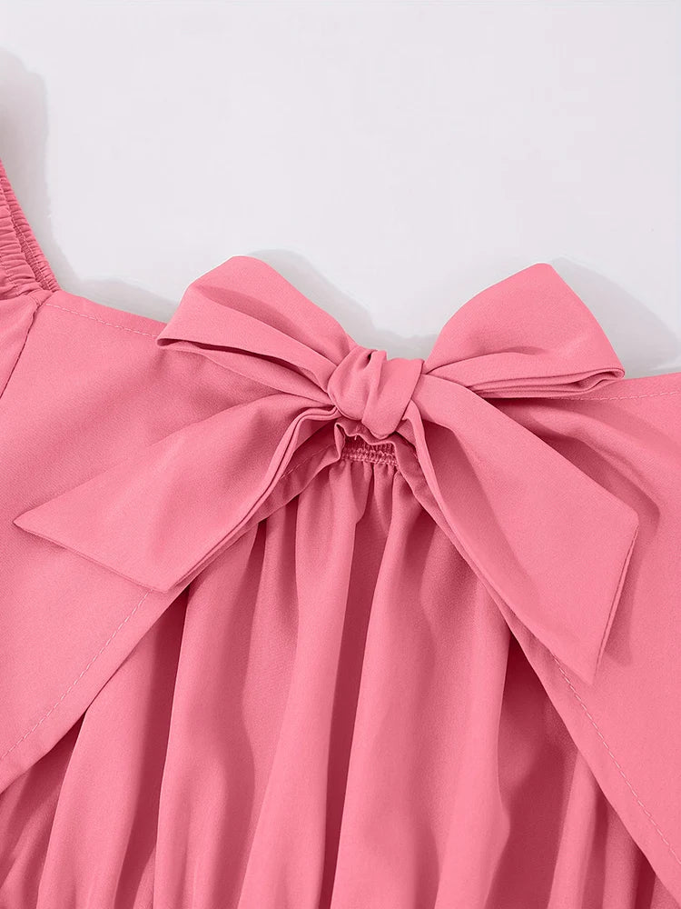 Robe Fille Épaules Dénudées & Manches Lanternes – Nœud Décoratif | Rose | 8-12 Ans