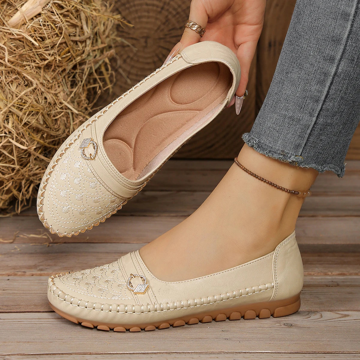 Mocassins Slip-On Femme – Brodés & Strass | Confortables & Large | 36-41