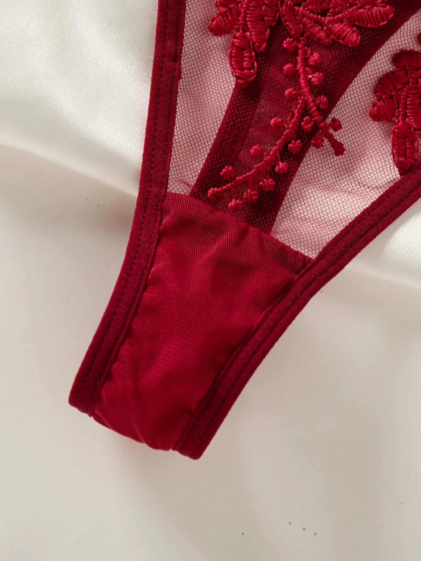 Nuisette Brodée Épis de Blé & Nœud – Semi-Transparente | Rouge Bordeaux | S-XL