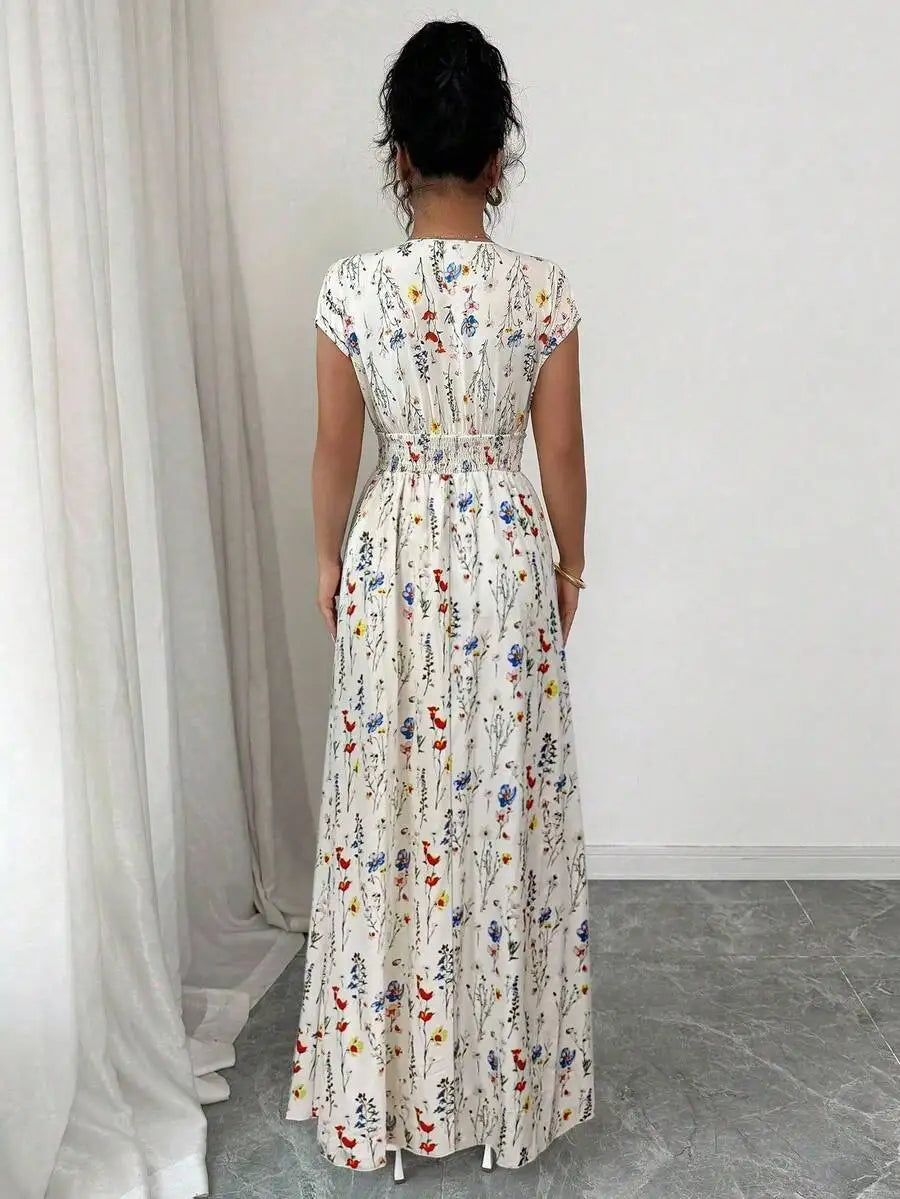 Robe Maxi Florale Col V – Sans Manches, Taille Markée | 3 Coloris | S-XL