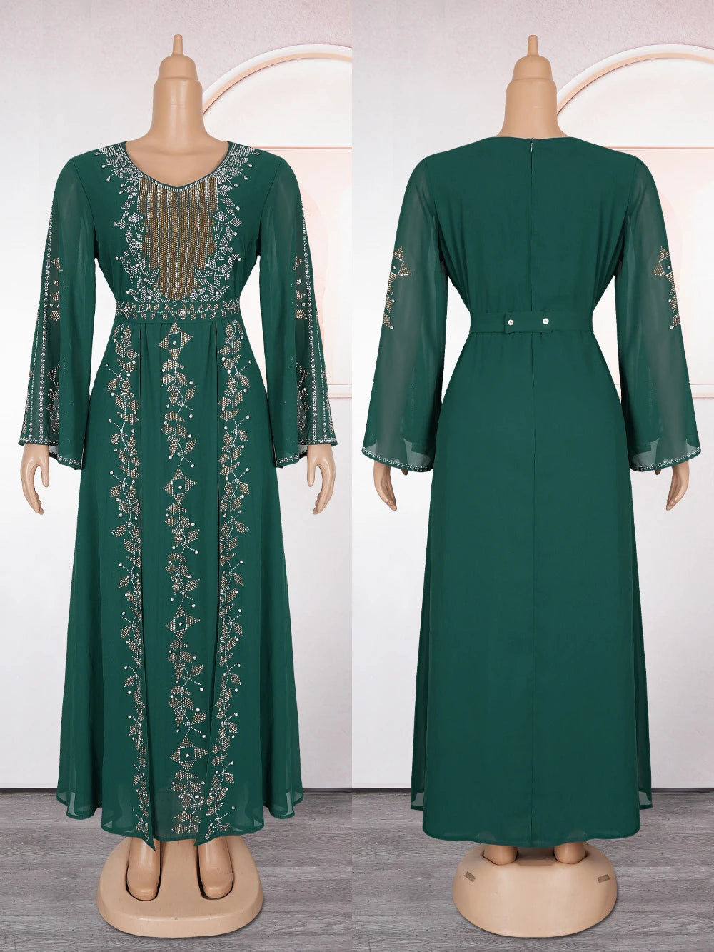 Robe de Soirée Chiffon Manches Papillon – Ornements Diamants, Style Dubai & Orient