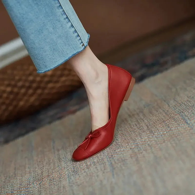 Mocassins Kawaii Cuir & Nœud – Plates & Mignonnes | Rouge | 35-40