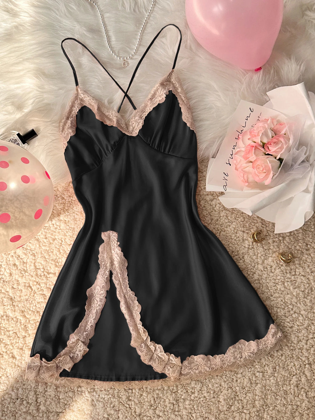Nuisette Sexy Col V – Dentelle & Dos Croisé | Blanc, Rose, Rouge, Noir