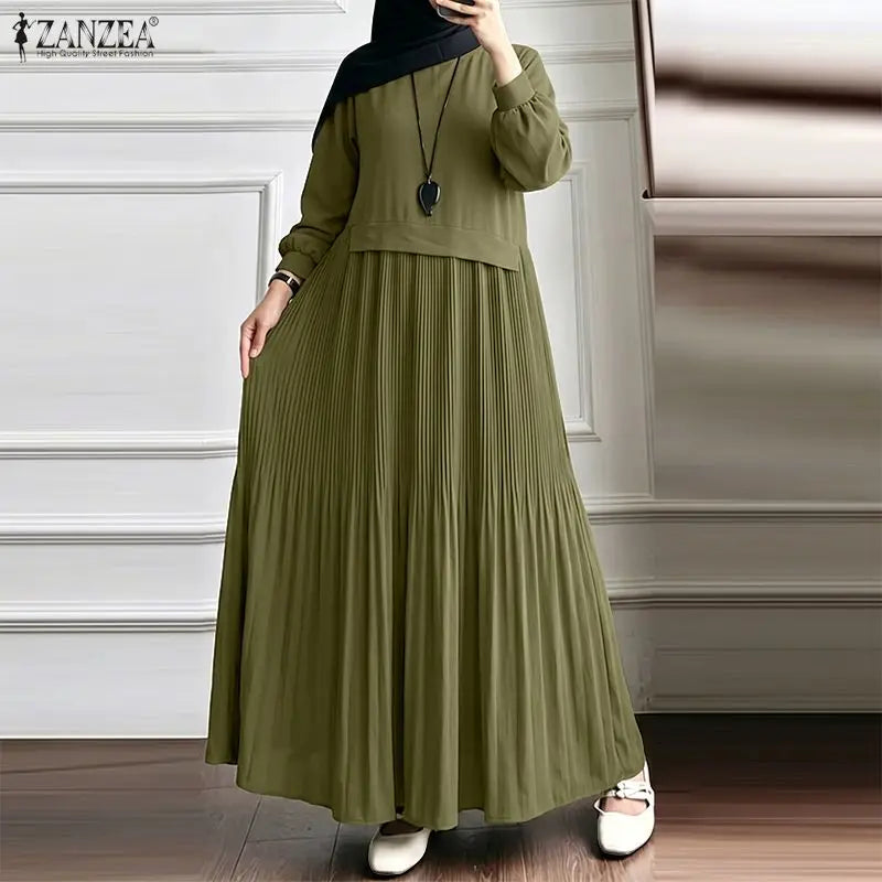Robe Maxi Abaya Plissée Manches Longues – Style Modest Kaftan | Bordeaux, Vert, Marron | S-XXXL