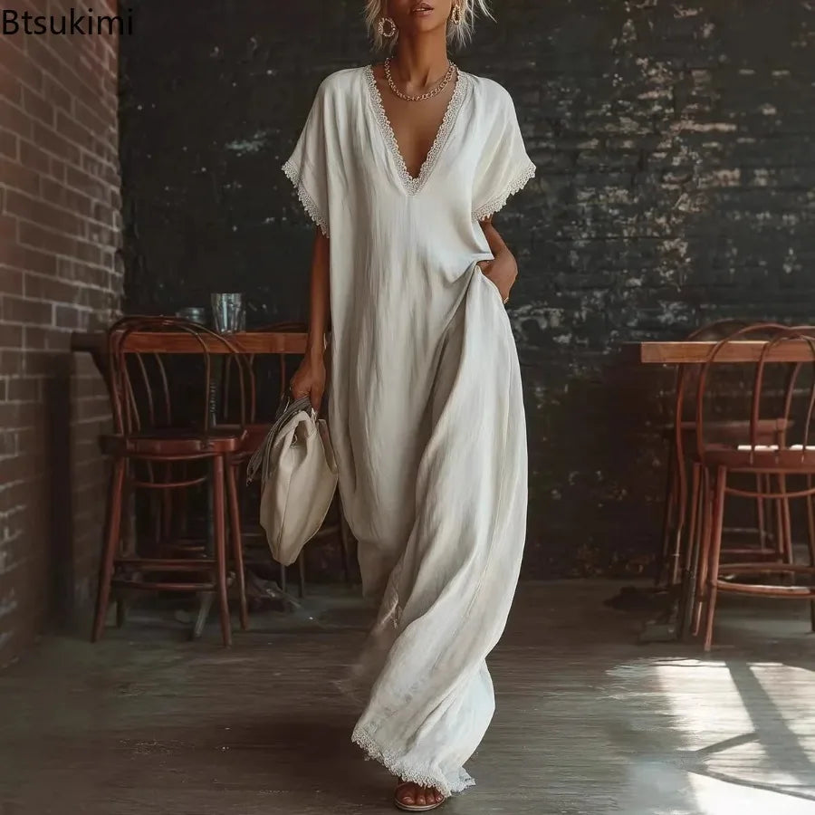 Robe Longue Femme en Dentelle – Col V, Manches Courtes, Style Vacances Élégant