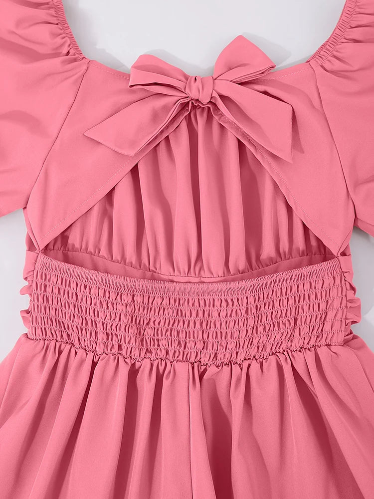 Robe Fille Épaules Dénudées & Manches Lanternes – Nœud Décoratif | Rose | 8-12 Ans