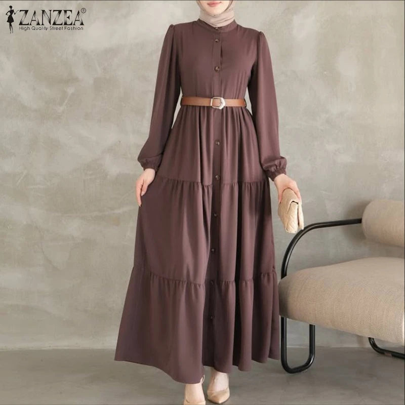 Robe Longue Abaya Manches Longues Col Rond – Style Élégant | Marron, Bleu Marine, Noir | S-XXXL