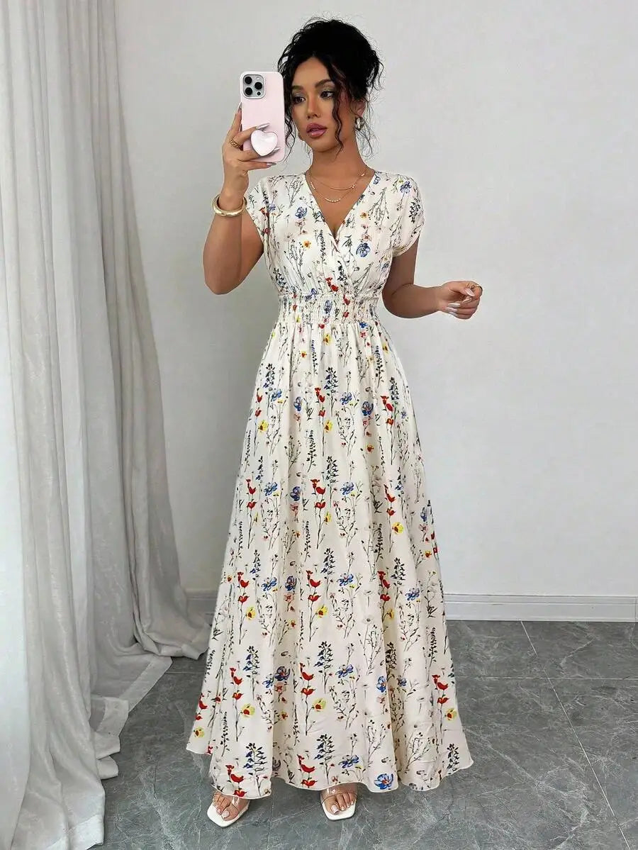 Robe Maxi Florale Col V – Sans Manches, Taille Markée | 3 Coloris | S-XL