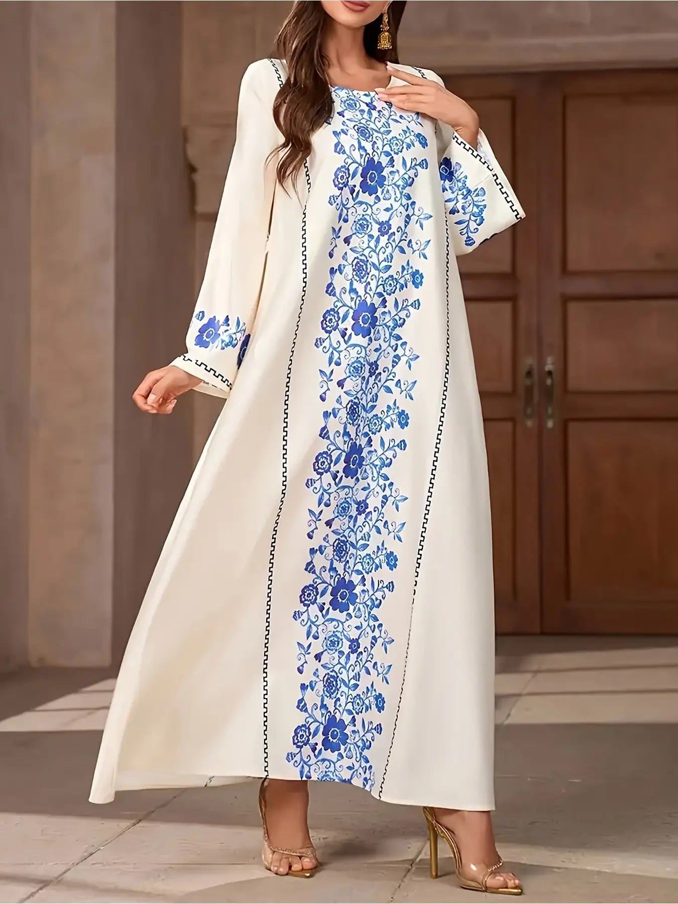 Robe Longue Florale Élégante – Coupe Ample & Manches Longues