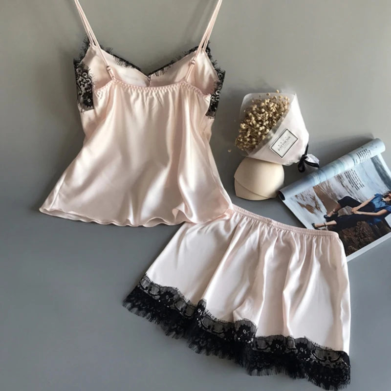 Ensemble Pyjama Satin & Dentelle 2 Pièces – Débardeur + Short | 4 Coloris | S-L